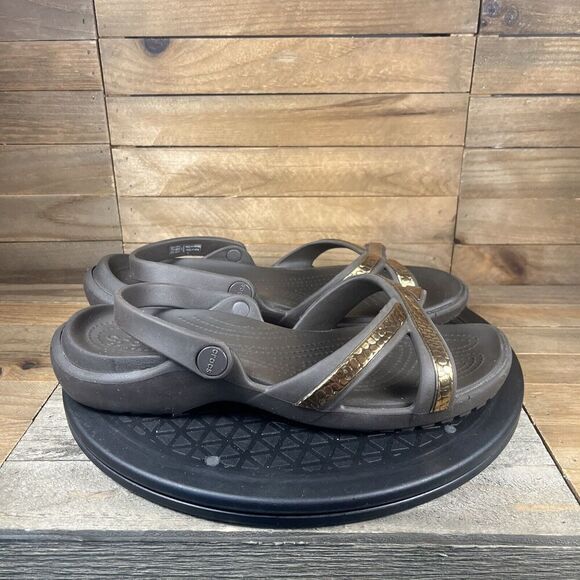 Crocs Womens Size 11 Meleen Brown Metallic Texture Cross-Band Slip On Shoes - Picture 1 of 10